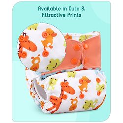 Babyhug Free Size Reusable Contrast Flap Closure Cloth Nappies With Insert Animal Print - White Orange