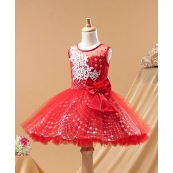 Babyhug Sleeveless Frock With Floral Embroidered - Red