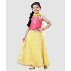 Babyhug Sleeveless Choli And Chevron Lehenga With Dupatta Floral Detailing - Yellow Pink