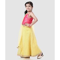 Babyhug Sleeveless Choli And Chevron Lehenga With Dupatta Floral Detailing - Yellow Pink