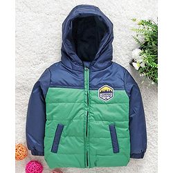 Babyhug Full Sleeves Hooded Padded Jacket Camping Patch - Blue Green