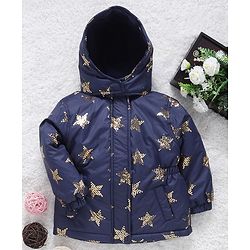 Babyhug Full Sleeves Hooded Jacket Star Print - Navy Blue - 9-12 M