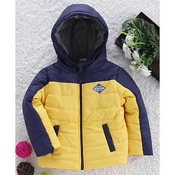 Babyhug Full Sleeves Hooded Padded Jacket Numeric 10 Patch - Yellow Navy Blue - 9-12 M