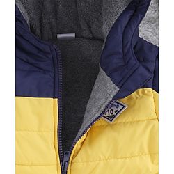 Babyhug Full Sleeves Hooded Padded Jacket Numeric 10 Patch - Yellow Navy Blue - 9-12 M