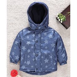 Babyhug Full Sleeves Padded Winter Jacket With Detachable Hood Stars Print - Blue