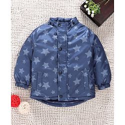 Babyhug Full Sleeves Padded Winter Jacket With Detachable Hood Stars Print - Blue