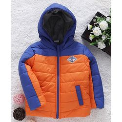 Babyhug Full Sleeves Hooded Padded Jacket Numeric 10 Patch - Orange Blue