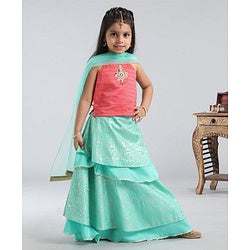 Babyhug Singlet Choli And Silk Lehenga With Dupatta Embellished - Pink Mint - 18-24m Pink