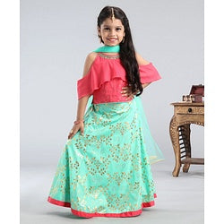 Babyhug Sleeveless Embellished Choli & Floral Print Lehenga With Dupatta - Pink Mint