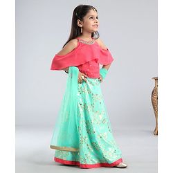 Babyhug Sleeveless Embellished Choli & Floral Print Lehenga With Dupatta - Pink Mint