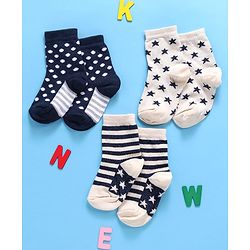 Cute Walk By Babyhug Non Terry Antibacterial Ankle Length Socks Multi Print Set of 3 - Navy White
