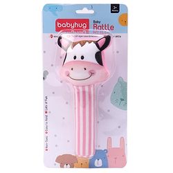 Babyhug Soft Cow Face Rattle Toy for Babies|Squeezy Sound & Easy-to-Hold Grip|Plush Rattle for Sensory Play|Motor Skills & Bonding|Lightweight & Travel Friendly|3+ Months|BIS|Pink&White