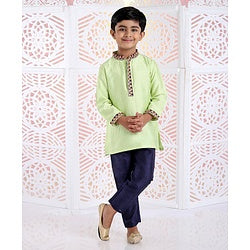 Babyhug Full Sleeves Kurta And Pyjama Floral Embroidery - Green Royal Blue