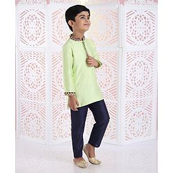 Babyhug Full Sleeves Kurta And Pyjama Floral Embroidery - Green Royal Blue