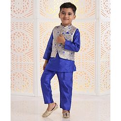 Babyhug Solid Kurta & Pyjama With Jacket Floral Design - Royal Blue