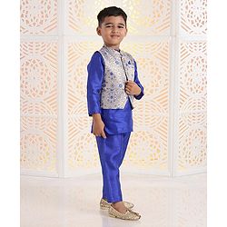 Babyhug Solid Kurta & Pyjama With Jacket Floral Design - Royal Blue