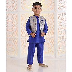 Babyhug Solid Kurta & Pyjama With Jacket Floral Design - Royal Blue