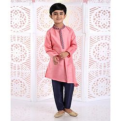 Babyhug Full Sleeves Asymmetrical Kurta And Pyjama Embroidered - Pink Navy Blue