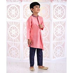 Babyhug Full Sleeves Asymmetrical Kurta And Pyjama Embroidered - Pink Navy Blue