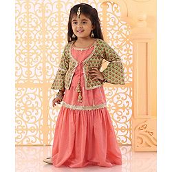 Babyhug Bell Sleeves Lehenga and Choli with Mock Ethnic Jacket Floral Print - Green Orange
