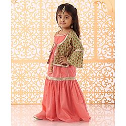 Babyhug Bell Sleeves Lehenga and Choli with Mock Ethnic Jacket Floral Print - Green Orange