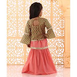 Babyhug Bell Sleeves Lehenga and Choli with Mock Ethnic Jacket Floral Print - Green Orange