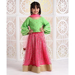 Babyhug Lehenga & 3/4 Sleeves Embroidered Choli Set With Dupatta - Green