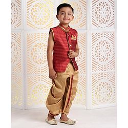Babyhug Sleeveless Jacket & Dhoti Set Zari Work - Maroon Golden - 4-5Y Maroon