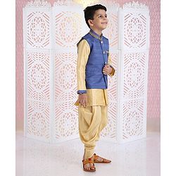 Babyhug Full Sleeves Kurta Pyjama And Dhoti With Jacket - Blue Golden