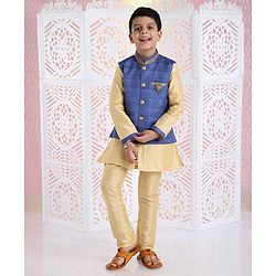 Babyhug Full Sleeves Kurta Pyjama And Dhoti With Jacket - Blue Golden
