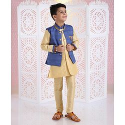 Babyhug Full Sleeves Kurta Pyjama And Dhoti With Jacket - Blue Golden
