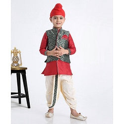 Babyhug Full Sleeves Kurta & Dhoti With Zardosi Jacket - Red