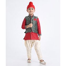 Babyhug Full Sleeves Kurta & Dhoti With Zardosi Jacket - Red