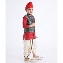 Babyhug Full Sleeves Kurta & Dhoti With Zardosi Jacket - Red