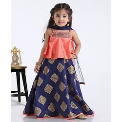 Babyhug Singlet Choli With Block Printed Lehenga Sequin Work - Navy Blue Pink