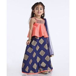 Babyhug Singlet Choli With Block Printed Lehenga Sequin Work - Navy Blue Pink