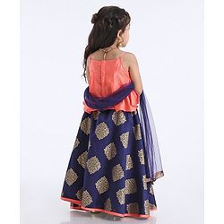 Babyhug Singlet Choli With Block Printed Lehenga Sequin Work - Navy Blue Pink