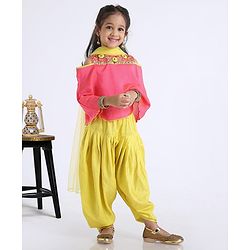 Babyhug Bell Sleeves Top And Salwaar With Dupatta Stone Embellished & Embroidered - Pink Yellow