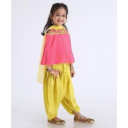 Babyhug Bell Sleeves Top And Salwaar With Dupatta Stone Embellished & Embroidered - Pink Yellow