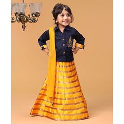 Babyhug Three Fourth Sleeves Choli With Striped Lehenga & Dupatta Embellished - Navy Yellow