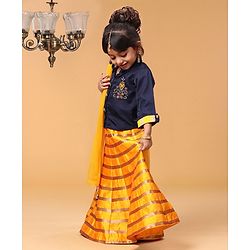Babyhug Three Fourth Sleeves Choli With Striped Lehenga & Dupatta Embellished - Navy Yellow