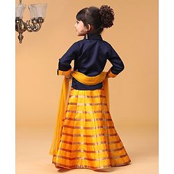 Babyhug Three Fourth Sleeves Choli With Striped Lehenga & Dupatta Embellished - Navy Yellow