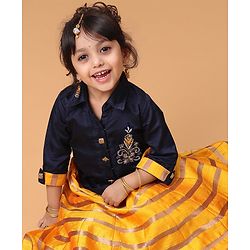 Babyhug Three Fourth Sleeves Choli With Striped Lehenga & Dupatta Embellished - Navy Yellow