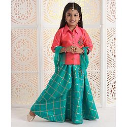 Babyhug Three Fourth Sleeves Choli With Lehenga & Dupatta Zardosi Design - Orange