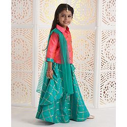 Babyhug Three Fourth Sleeves Choli With Lehenga & Dupatta Zardosi Design - Orange
