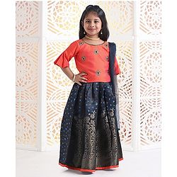 Babyhug Bell Sleeves Choli And Lehenga With Dupatta Zardosi Work - Coral Blue