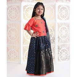 Babyhug Bell Sleeves Choli And Lehenga With Dupatta Zardosi Work - Coral Blue