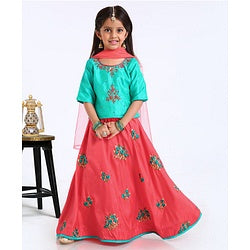 Babyhug Half Sleeves Choli And Lehenga With Dupatta - Green Orange