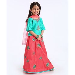 Babyhug Half Sleeves Choli And Lehenga With Dupatta - Green Orange