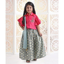 Babyhug Angel Sleeves Jardosi Work Choli With Lehenga & Dupatta Abstract Print - Pink Grey